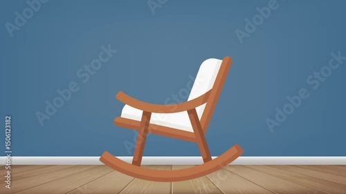 Rocking chair in a room with a blue wall on a wooden floor. Looping video