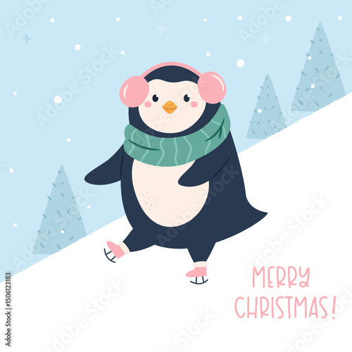 Cute Penguin Sledding Christmas Card. Fun Winter Holiday Illustration for Seasonal Greetings