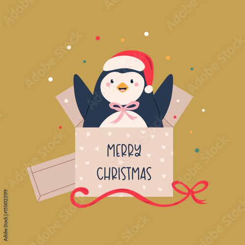 Cute Penguin Christmas Card. Happy Holidays Illustration with Adorable Animal for Seasonal Greetings