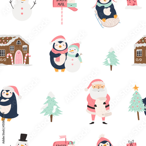 Cute Christmas Penguin Seamless Pattern with Santa, Snowman, Christmas Trees and Gingerbread Houses