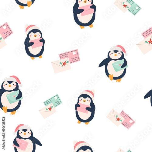 Cute Christmas Penguin Seamless Pattern with Letters, Mails to Santa