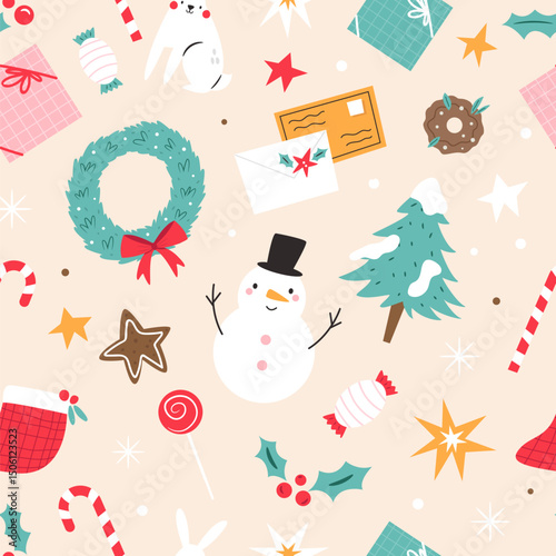 Cute Christmas Seamless Pattern with Gifts, Snowman and Holiday Decorations