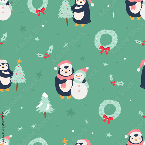 Cute Christmas Pattern with Penguins Decorating Christmas Trees and Snowman