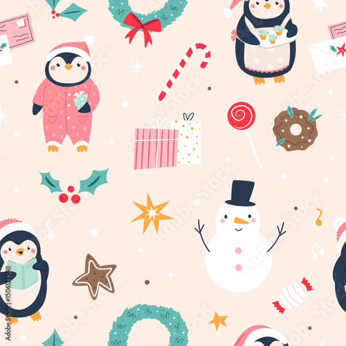 Cute Christmas Penguin Seamless Pattern with Gifts, Snowman, and Holiday Decorations