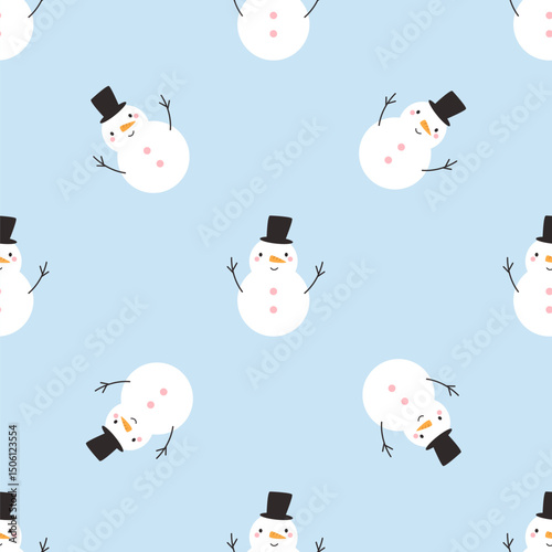 Cute Christmas Seamless Pattern with Funny Snowman at Blue Background