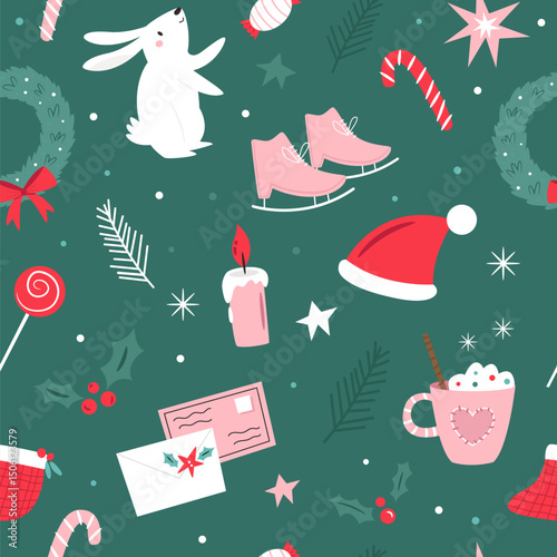 Cute Christmas Seamless Pattern with Holiday Decorations Candles, Mails, Santa Hats, Candy
