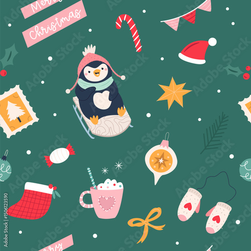 Cute Christmas Penguin Seamless Pattern with Holiday Decorations