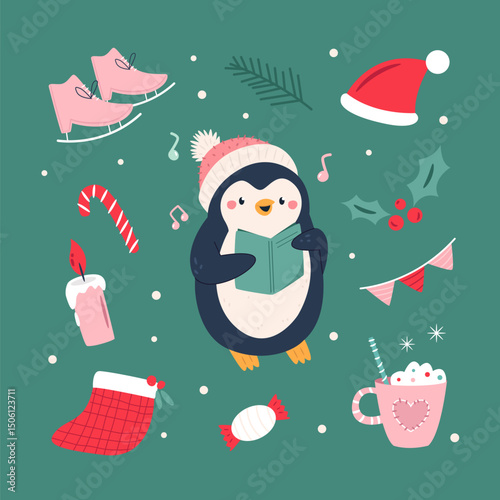 Cute Penguin Christmas Card. Happy Holidays Illustration with Winter Decorations
