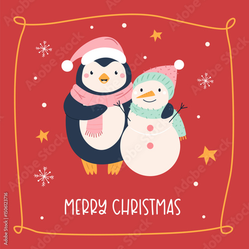 Cute Hand Drawn Christmas Card with Funny Penguin and Snowman