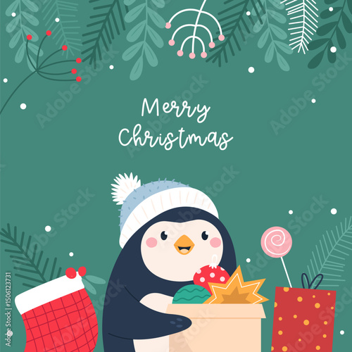 Cute Hand Drawn Christmas Card with Funny Penguin