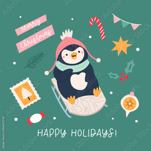 Cute Penguin Christmas Card. Happy Holidays Illustration with Winter Decorations