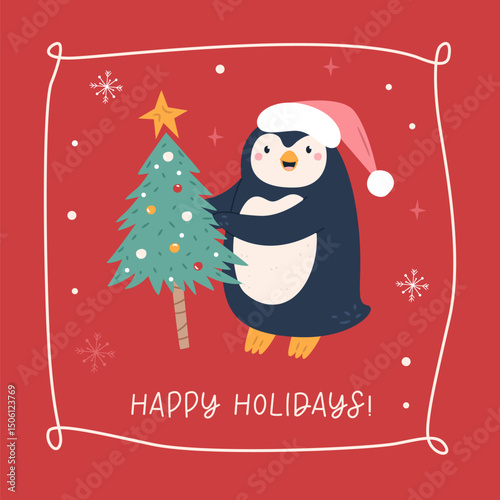 Cute Festive Christmas Card with Funny Penguin Decorating Christmas Tree