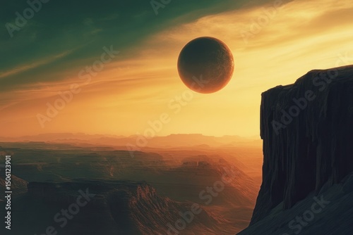 Alien planet landscape at sunset photo