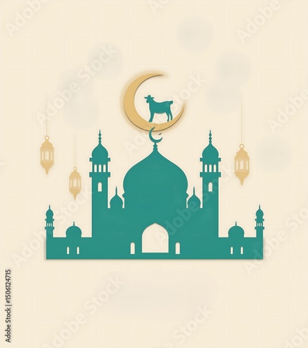 Eid al-Adha Festival Celebration: Exquisite Green Mosque Silhouette with Glowing Golden Crescent Moon, Sacrificial Goat & Radiant Lantern Showcasing Authentic Islamic Heritage and Cultural Tradition