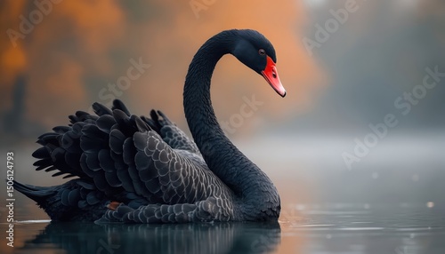 Fototapeta Naklejka Na Ścianę i Meble -  Black swan swims lake. Graceful bird with black feathers, red beak swims water. Wild animal, wildlife in natural environment. Focus on cygnet. Beauty in nature, peaceful scene.