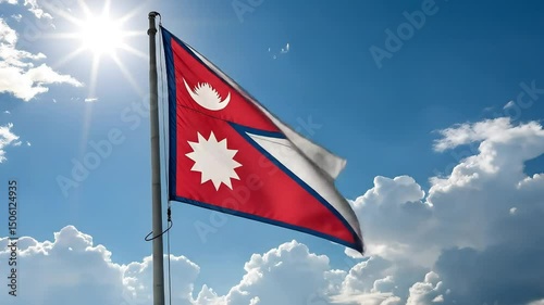 Nepal Flag and blue sky with clouds & sunny day