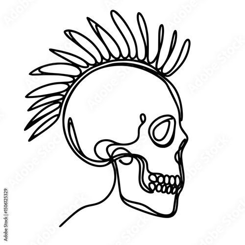 Stylized skull with a mohawk hairstyle illustrated in a minimalist line-art style on a white background, edgy concept of tattoo shops or art studios