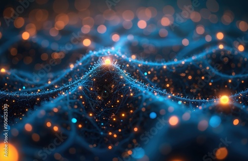 Abstract image of interconnected nodes, interdependence. Complexity within comprehensive systems. Concept of interconnectedness network. Digital illustration shows generative ai, modern technology,