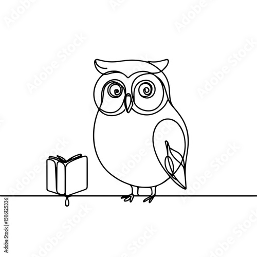 Illustrated owl reading a book in a minimalist design on a white background, creative concept of educational platforms or children's bookstores