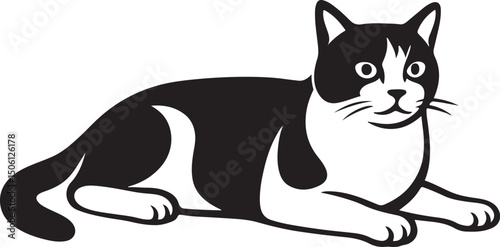 Cartoon cat lying down black and white style, Relaxed pet cat flat illustration