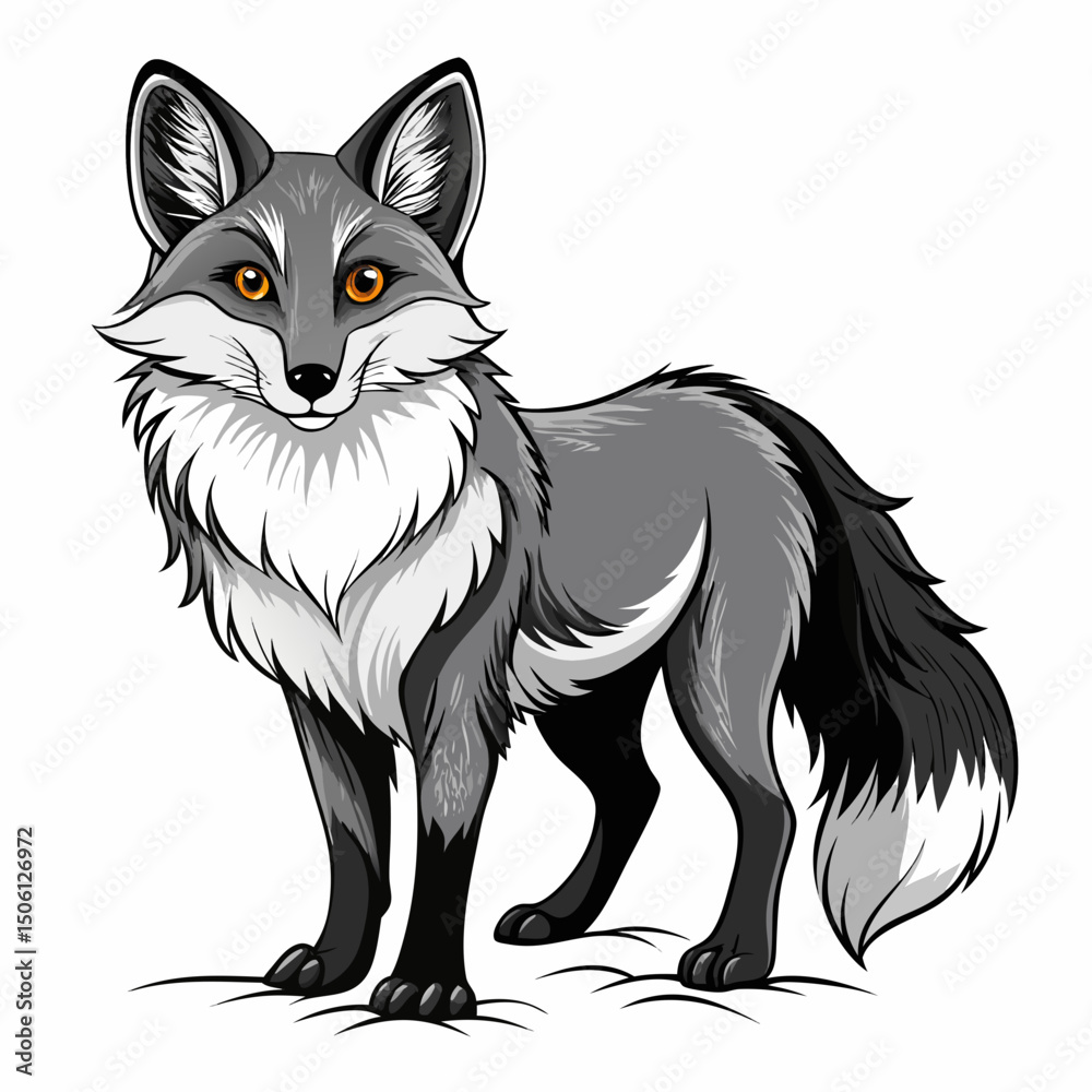 Sketch fox black and white illustration. Fox drawn sketch in doodle style on a white background. Illustrated in vintage hand-drawn style. Sketch fox black and white illustration. Fox drawn sketch in doodle style on a white background. Illustrated in vintage hand-drawn style.