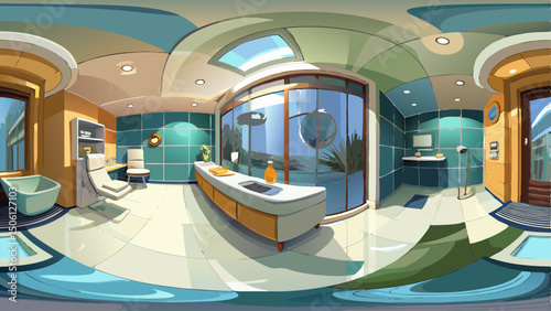 A seamless 360 HDRI panorama captures the refined interior of a toilet featuring a sleek shower cabin and wall-mount attachment in an elite bathroom, perfect for VR and AR design applications in equir