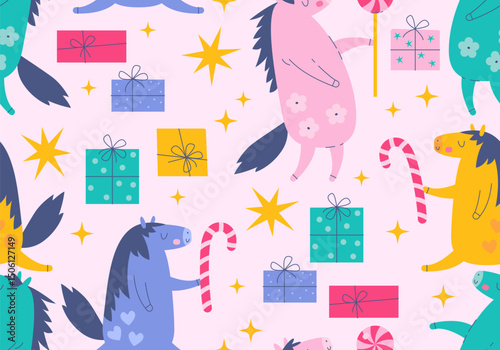Seamless pattern with horse, gift box, candy. Holiday design for 2026 new year. Christmas background with horse