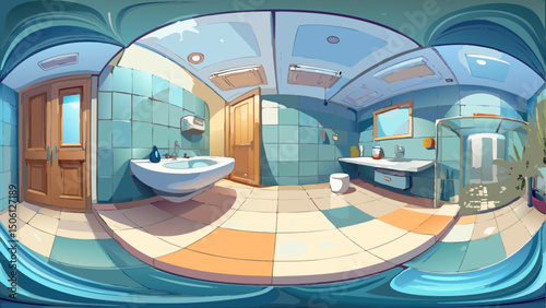 A seamless 360 HDRI panorama captures the refined interior of a toilet featuring a sleek shower cabin and wall-mount attachment in an elite bathroom, perfect for VR and AR design applications in equir