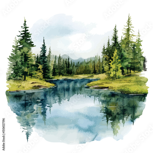 watercolor of Forest Lake, vector high quality, isolated on a white background.
