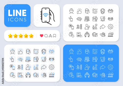 Psychology, People chatting and Job interview line icons for web app. Message, Share, Like social media icons. Pack of Parcel invoice, Refer friend, Internet app pictogram icons. Vector