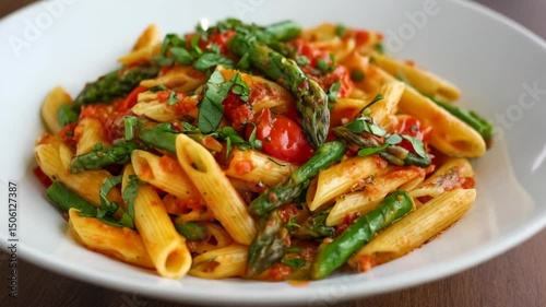 Delicious penne pasta with tomato sauce, fresh basil, and green asparagus served on a white plate