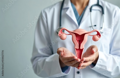 Doctor presents anatomical model of uterus, ovaries. Concept of female reproductive system, gynecological health, diagnostics, treatment. Medical education, health tech. Concept of infertility,