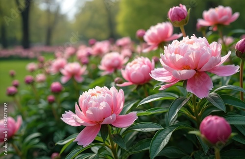 Bush with light pink peony blossoms in park. Beautiful spring flowers, delicate petal texture, fresh green leaves and buds. Garden scene, flowerbed in sunny day, floral wallpaper.
