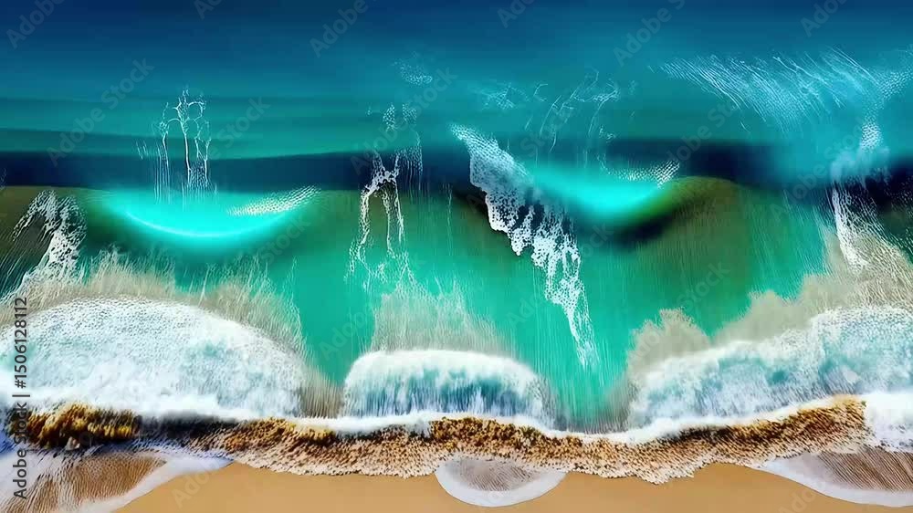 Aerial View of Turquoise Ocean Waves - Dynamic, Refreshing, Invigorating - A top-down view of the ocean with vibrant turquoise waters swirling, creating white foam as the waves crash and recede. The m