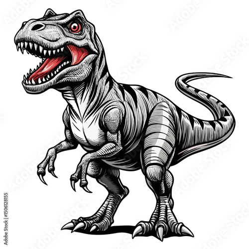 Sketch tyrannosaurus Rex dinosaur black and white illustration. Dino drawn sketch in doodle style on a white background. Illustrated in vintage hand-drawn style.