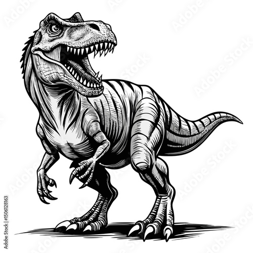 Sketch tyrannosaurus Rex dinosaur black and white illustration. Dino drawn sketch in doodle style on a white background. Illustrated in vintage hand-drawn style.