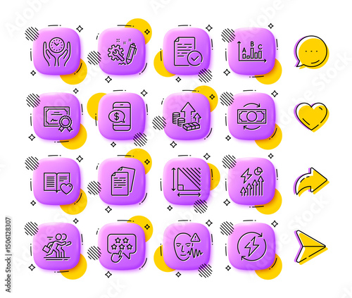 Ranking star, Certificate and Change money line icons. App 3d buttons. Social media comment, share, like icons. Pack of Love book, Electricity consumption, Compliance icon. Vector