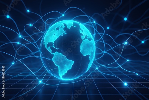 Globe of a Planet Surrounded by Neural Neon Nexus Lines, World Wide Web Banner