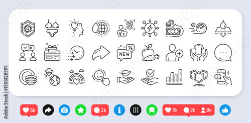 Approved, Call center and Idea line icons pack. Social media: share, comment, like icons. Delivery time, Computer fingerprint, Smile web icon. Hold t-shirt, Add user, Lgbt pictogram. Vector