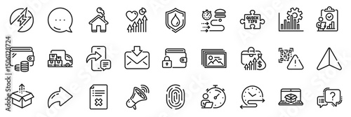 Quick tips, Reject file and Question mark line icons pack. Share, Message, Paper plane icons. Salary, Online delivery, Wallet web icon. Home, Incoming mail, Seo graph pictogram. Vector