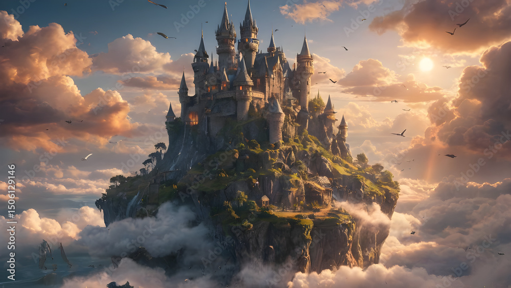 Fototapeta premium A majestic floating castle above the clouds, glowing with golden light, surrounded by flying whales and magical birds, in a dreamlike sunset sky — fantasy, ultra-detailed, cinematic lighting