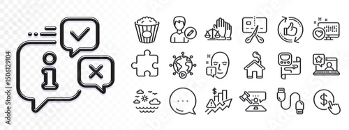 Popcorn, Judge hammer and Puzzle line icons for web app. Glare of light effect. Message icon. Pack of Buy currency, Court jury, Home pictogram icons. Refresh like, Info, Charging cable signs. Vector