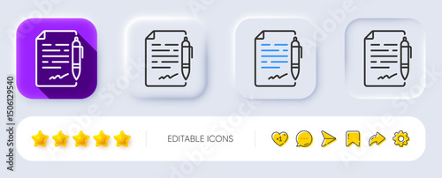 Agreement document line icon. Neumorphic, Flat shadow, 3d buttons. Contract file signature sign. Office note symbol. Line agreement document icon. Social media icons. Vector