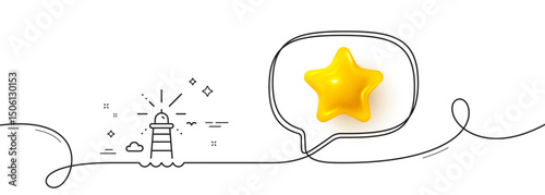 Lighthouse line icon. Continuous line with 3d star. Beacon tower sign. Searchlight building symbol. 3d star in speech bubble. Lighthouse single line ribbon. Loop curve pattern. Vector