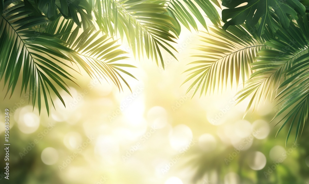 Obraz premium Tropical palm leaves create a natural frame around a soft, golden, bokeh-filled background, evoking a sense of tranquility and warmth