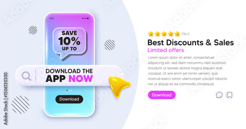Discount mobile phone banner. App chat speech bubble. Save up to 10 percent. Discount Sale offer price sign. Special offer symbol. Phone template with search bar. Download the app now. Vector