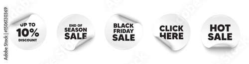 Discount tag sticker tag. Season sale, Black friday paper price banners. Up to 10 percent discount tag. Sale offer price sign. Special offer symbol. Save 10 percentages. Click here sticker. Vector