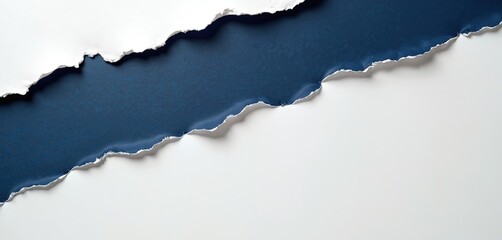 Ripped navy blue paper corner. White paper reveals dark blue background, creating texture contrast. Jagged edges, grunge design, blank space. Ideal for layout, background, torn element.