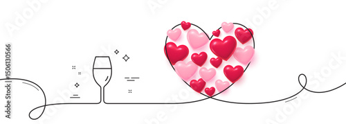 Wine glass line icon. Continuous line big heart. Burgundy glass sign. 3d hearts in heart shaped loop. Wineglass single line ribbon. Loop curve pattern. Vector