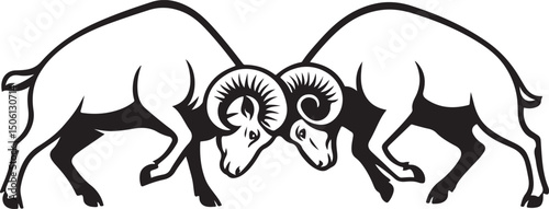 Two rams in confrontation silhouette pose, Ram battle vector art clean design